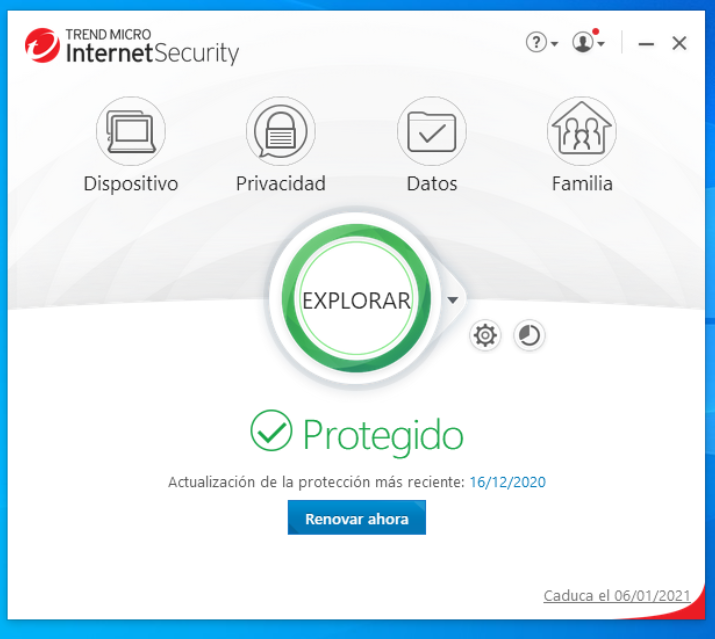 Pantalla de estado de Trendmicro Internet Security indicando que el equipo está protegido.