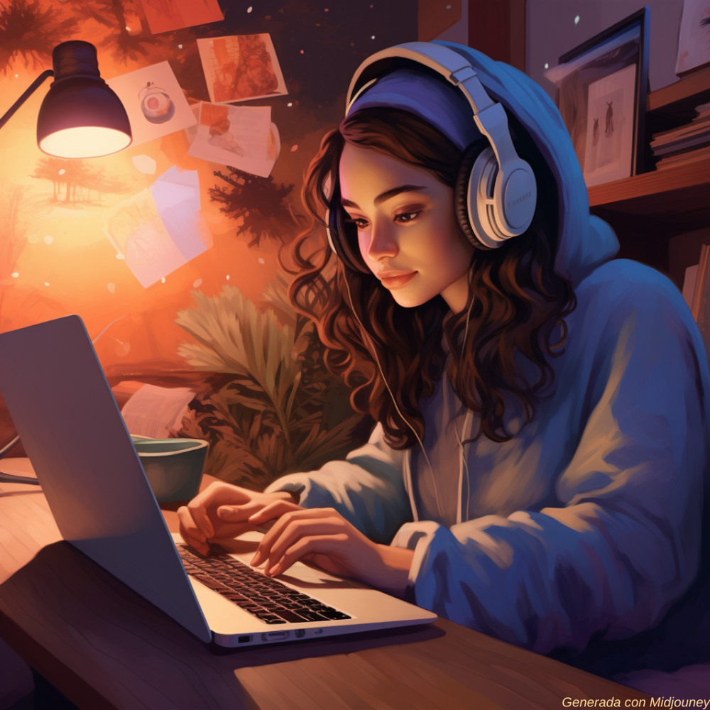 ilustración de una joven en su cuarto estudiando con un ordenador portátil y auriculares