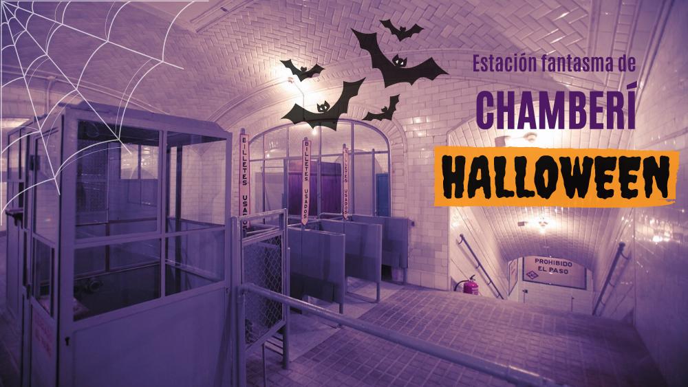 Imagen del interior de la estación fantasma de Chamberí con elementos de Halloween