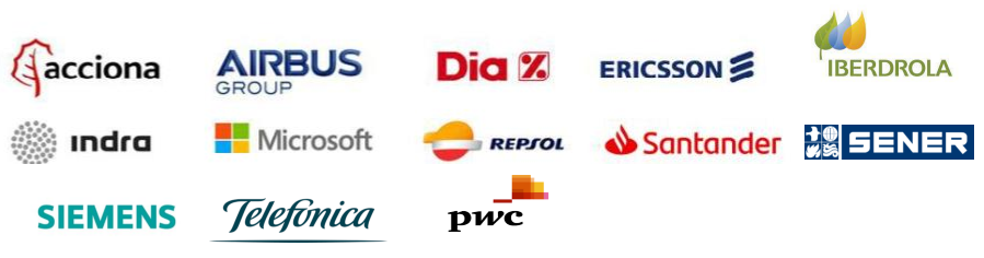 Logotipos de: Acciona, Airbus Group, Dia, Ericsson, Iberdrola, Indra, Microsoft, Repsol, Santander, Sener, Siemens, Telefonica