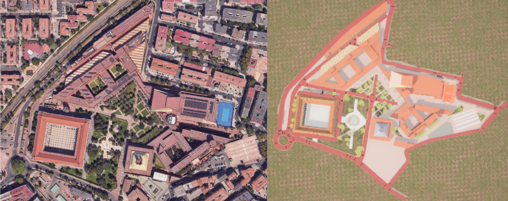 Figure G.1: Aerial comparison of the real campus and the simulated model.