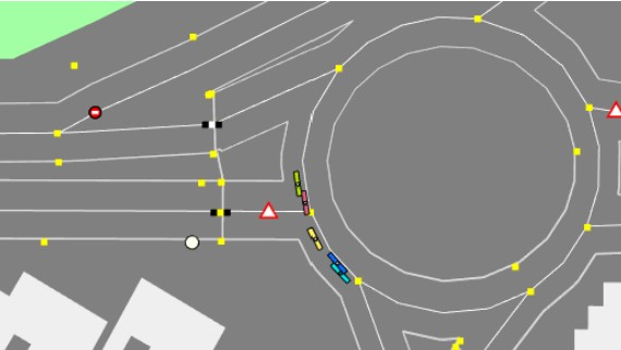 Road and pedestrian graph. Simple nodes are yellow while nodes representing stop signs, yield signs or zebra crossings have a different appearance.