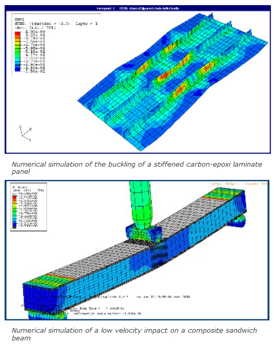 Images of: Numerical simulation of the buckling of a stiffened carbon-epoxi laminate panel and Numerical simulation of a low velocity impact on a composite sandwich beam