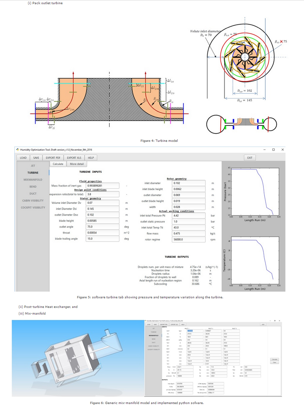 (i) Pack outlet turbine Turbine model  Figure 4: Turbine model Turbine software  Figure 5: software turbine tab showing pressure and temperature variation along the turbine.  (ii) Post-turbine Heat exchanger, and  (iii) Mix-manifold Mixmanifold  Figure 6: Generic mix-manifold model and implemented python sofware.