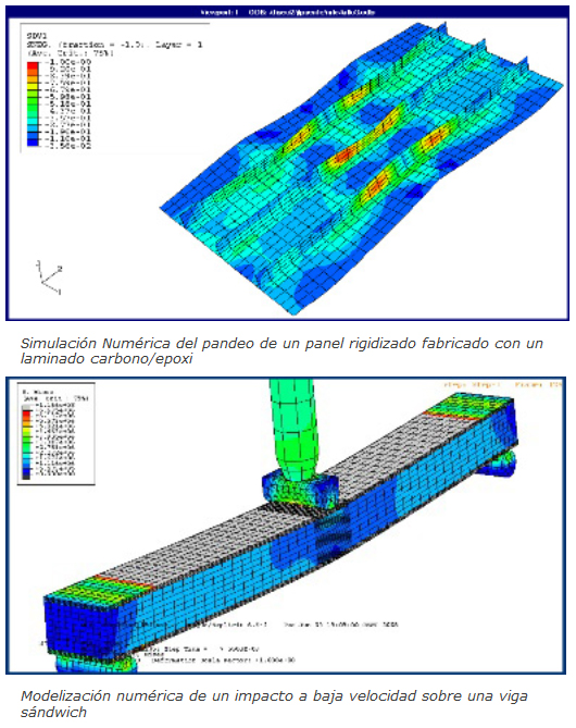 Imagenes de Simulación Numérica del pandeo de un panel rigidizado fabricado con un laminado carbono/epoxi y de Modelización numérica de un impacto a baja velocidad sobre una viga sándwich