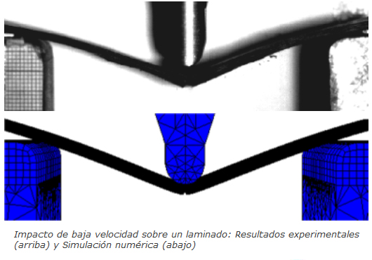 Impacto de baja velocidad sobre un laminado: Resultados experimentales (arriba) y Simulación numérica (abajo)