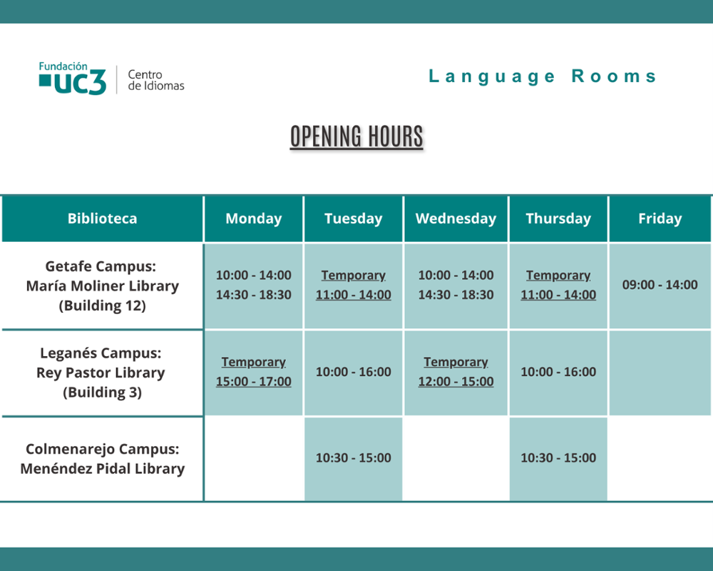 Opening hours Language Rooms