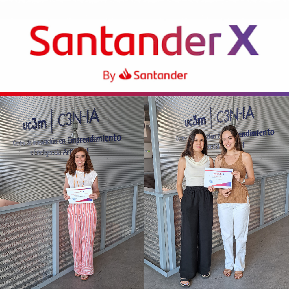 Ana Hernando Abascal, cofundadora y Chief Executive Officer de eB2 (izquierda); Julia Martín-Fuertes Brañas, Mission Analysis Engineer; y Valeria Sánchez García, Aerospace Engineer Intern de PERSEI Space (derecha) con sus diplomas de ganadoras en el C3N-IA del Parque Científico de la UC3M. 