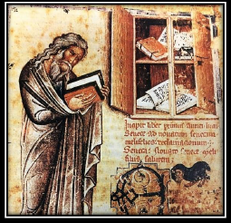 Barcelona, Archivo de la Corona de Aragón, Sant Cugat 11 (finales del siglo XIV), f. 1r: retrato de Séneca leyendo