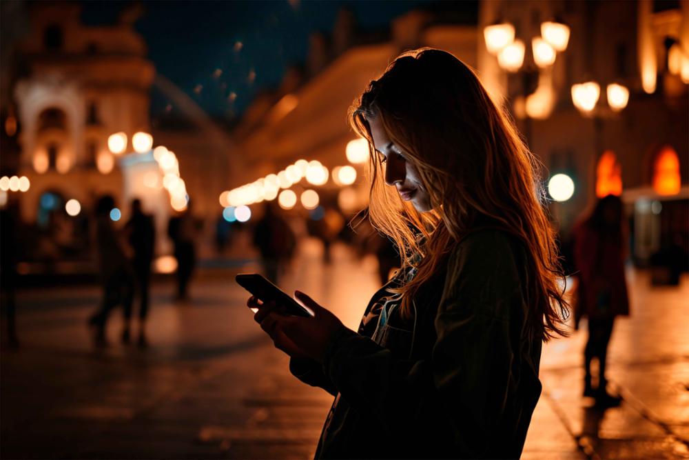 Muchacha consultando en una calle de noche una app