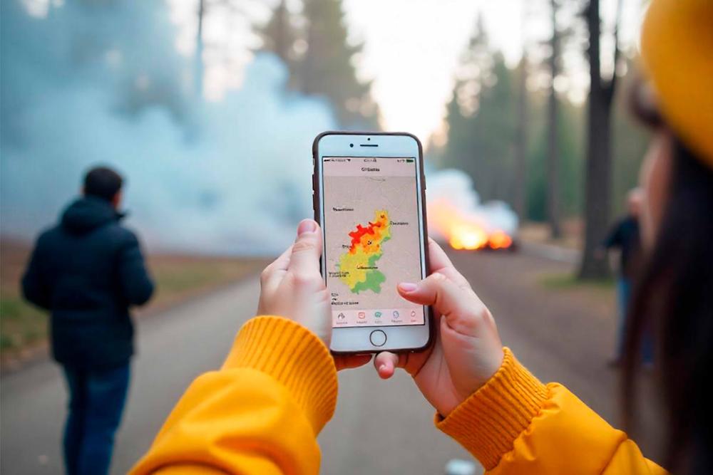 chica consultando una app en un incendio forestal