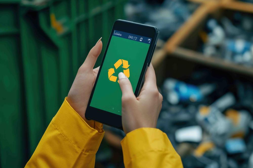 Manos de una chica consultando una app de reciclaje en un vertedero