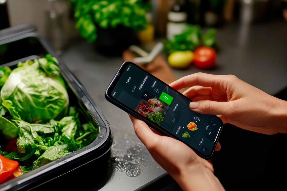 Una chica consulta una app de alimentos para enviar unas sobras