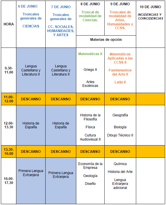 Horario Evau de la Convocatoria ordinaria 2022