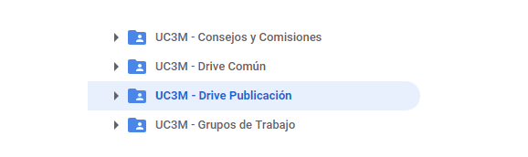 Listado de carpetas de Drive con la carpeta Drive publicación agregada a Mi Unidad