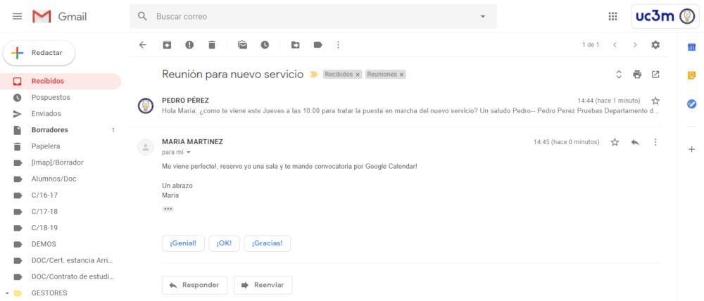 Imagen de GMail entre dos trabajadores con modo conversación activado