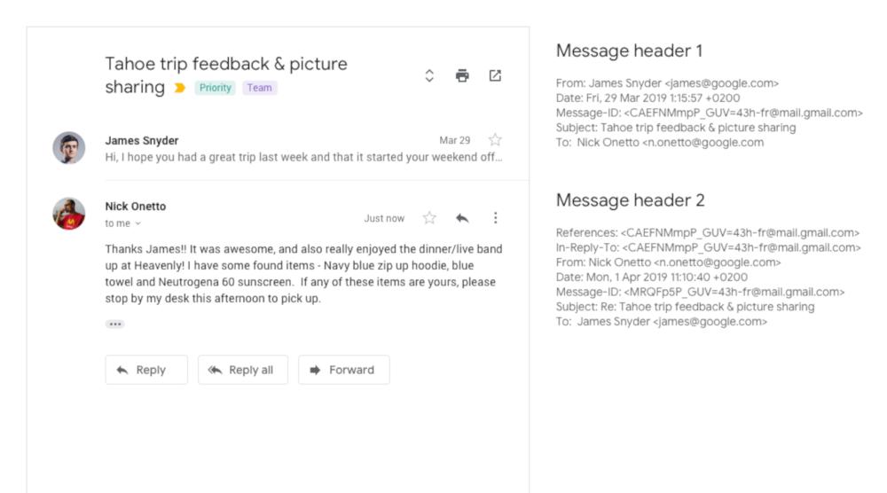 Imagen de GMail, dos correos que se agrupan por su message-id