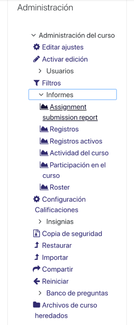 Menú Administración - Informes - Assignment submission report