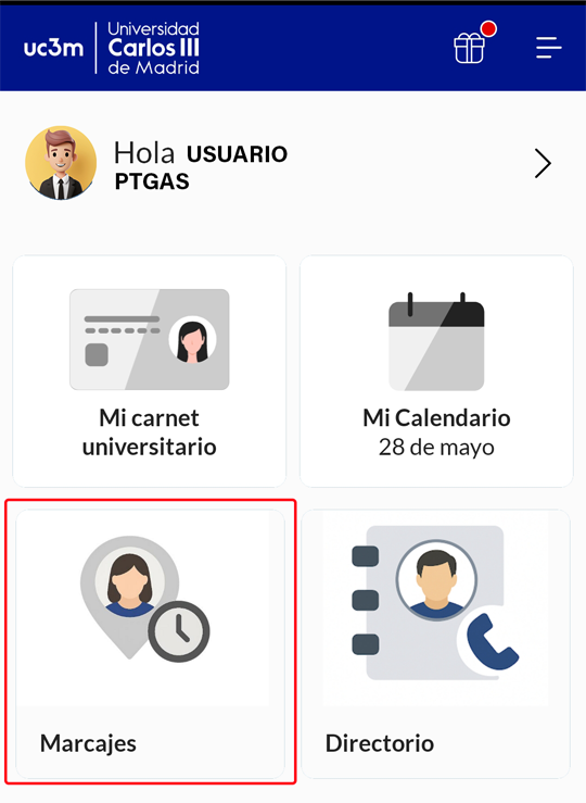 Sección Marcajes en la app UC3M