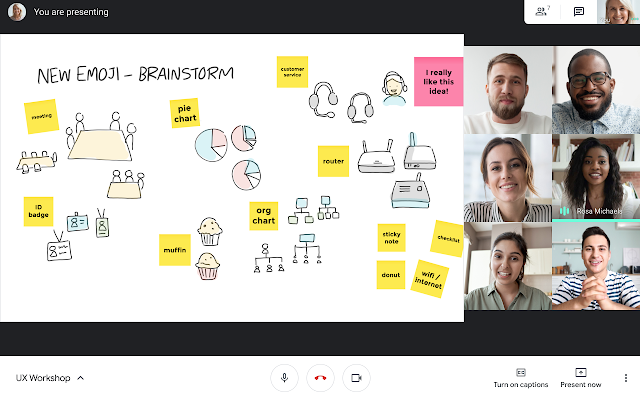 Imagen mostrando el contenido de una videollamada junto a sus asistentes y la pizarra de Jamboard con contenido de un Brainstorm