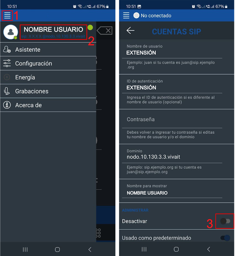 Interface de la app softphone en Android