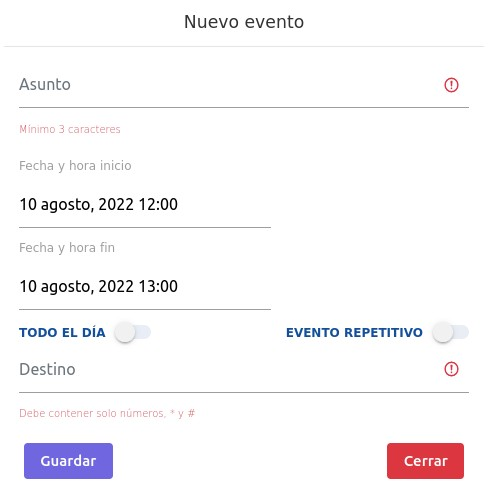 Nuevo evento de desvío por calendario