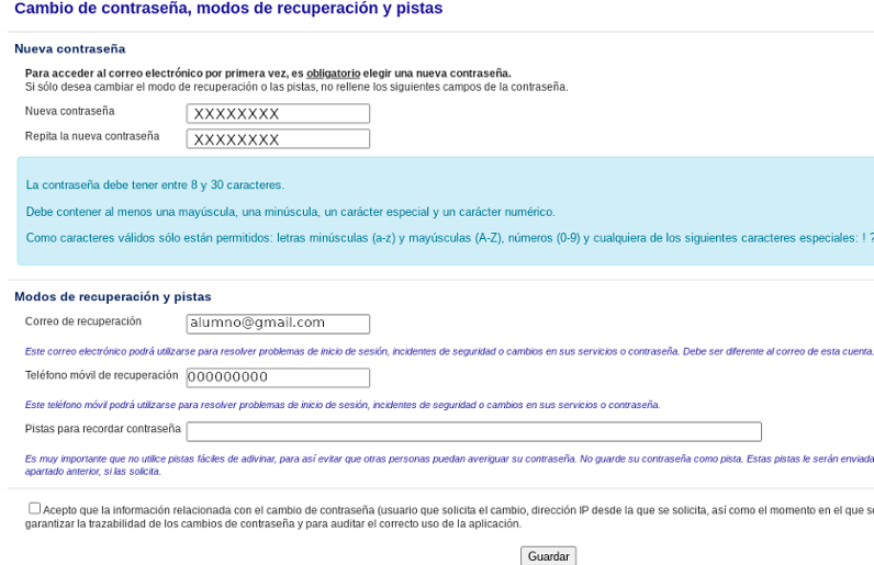 Interface de cambio de contraseña, modos de recuperación y pistas