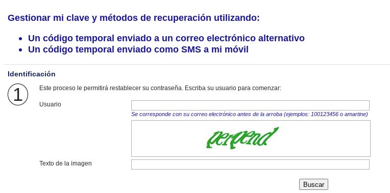 Interface de métodos de recuperación de contraseña, paso 1