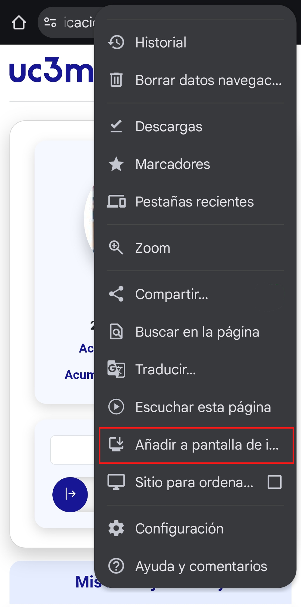 Cómo añadir la aplicación Marcajes web a la pantalla de inicio de tu dispositivo Android