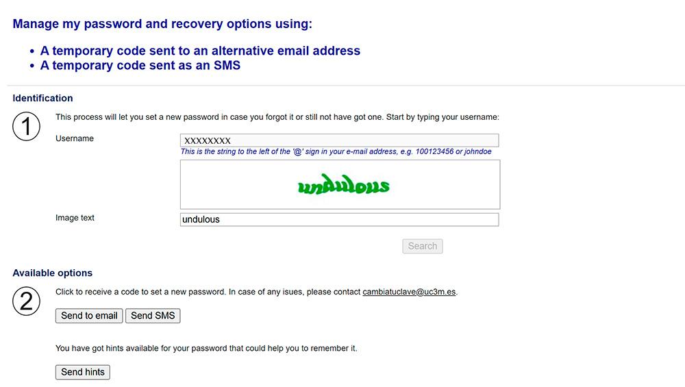 Interface de métodos de recuperación de contraseña, paso 2