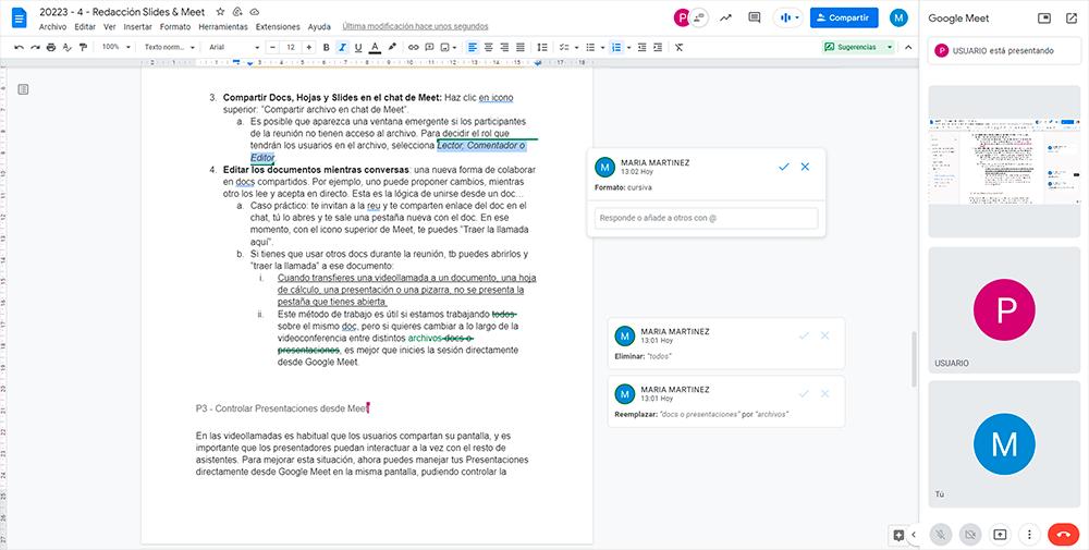 Capturas de pantalla del interface de Google Meet