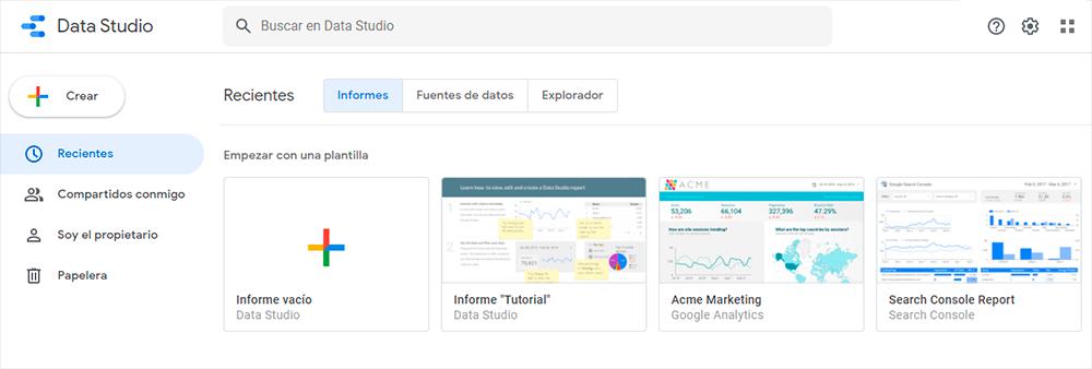 Imagen Mostrando el Interface de Google Data Studio