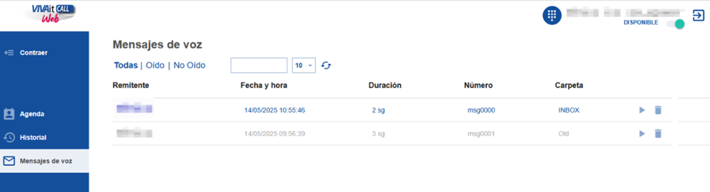 Interfaz de la aplicación webphone, sección 