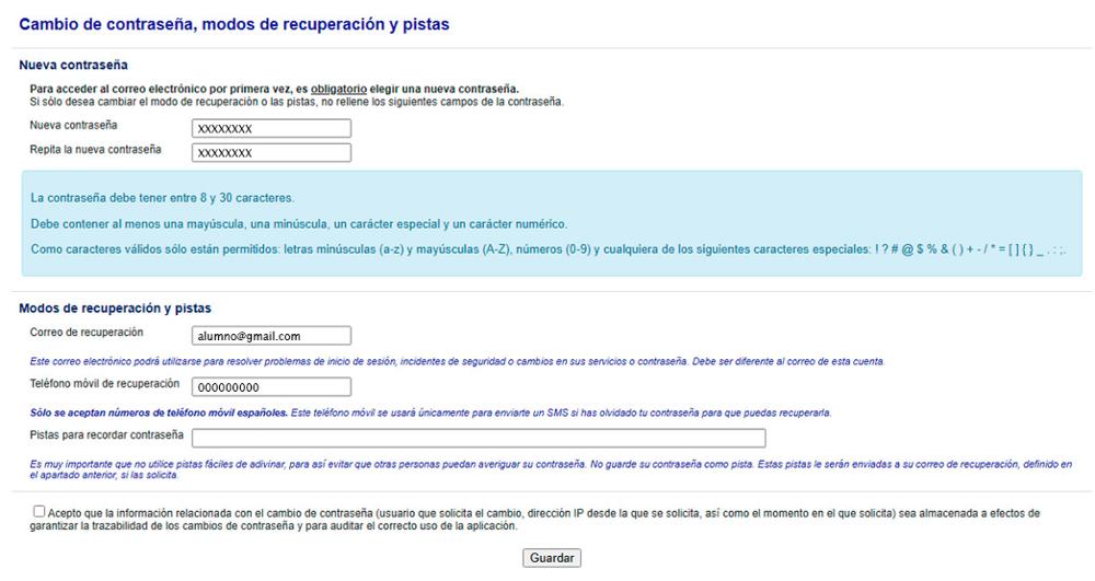Interface de cambio de contraseña, modos de recuperación y pistas