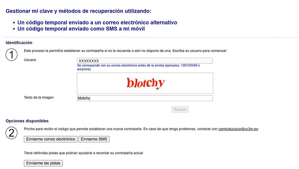 Interface de métodos de recuperación de contraseña, paso 2