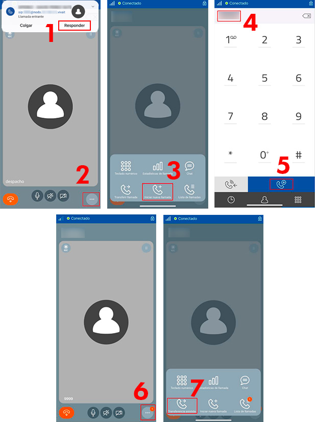 Imágenes del interface de softphone durante el proceso de transferencia asistida de llamada