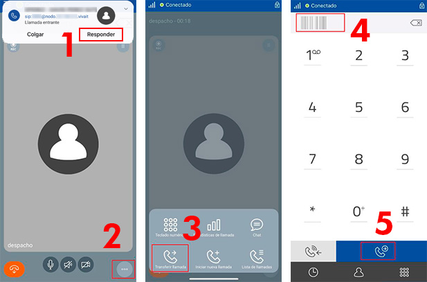Imágenes del interface de softphone durante el proceso de transferencia directa de llamada
