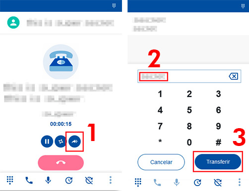 Imágenes del interface de webphone durante el proceso de transferencia directa de llamada en curso