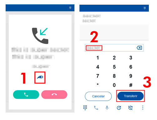 Imágenes del interface de webphone durante el proceso de transferencia de llamada sin responder