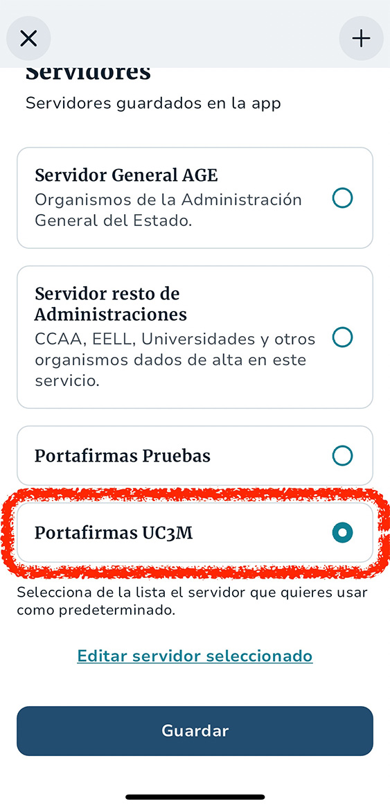 Pantalla de acceso, seleccionar servidor Portafirmas UC3M y Certificados remotos desactivado.