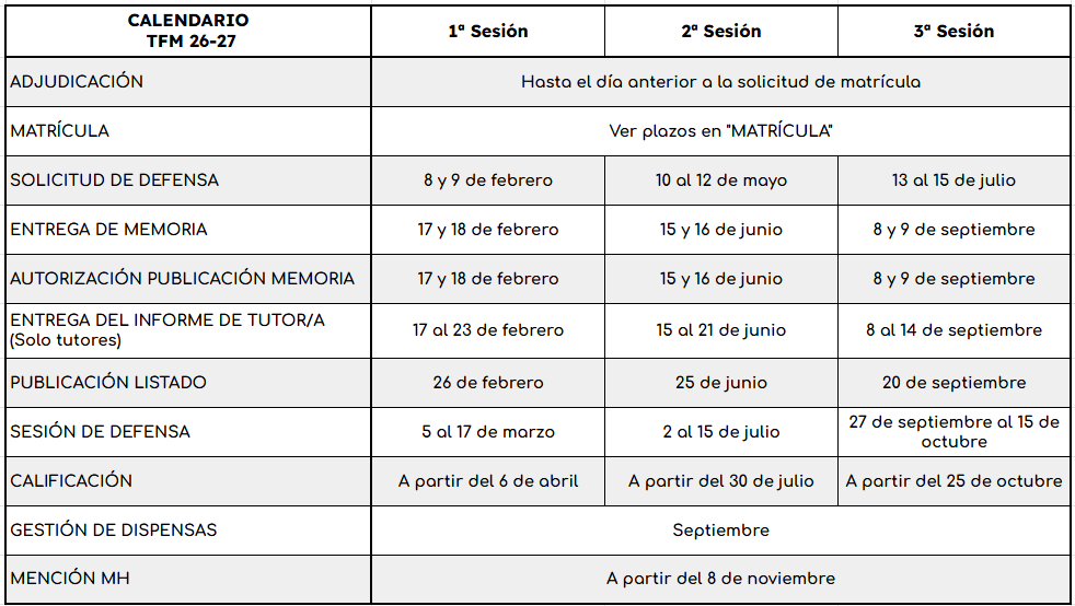 Calendario TFM 26-27
