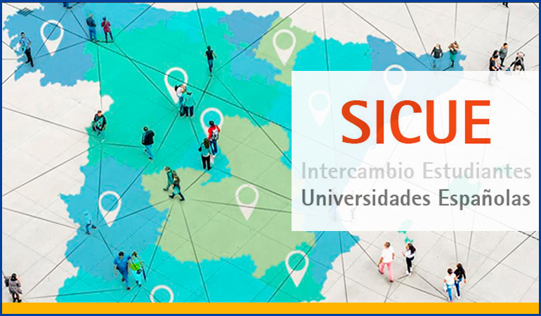 Mapa de España, donde aparecen personas en diferentes puntos con líneas que unen unas ciudades y otras y a las personas y hay un cartel que dice SICUE universidades españolas