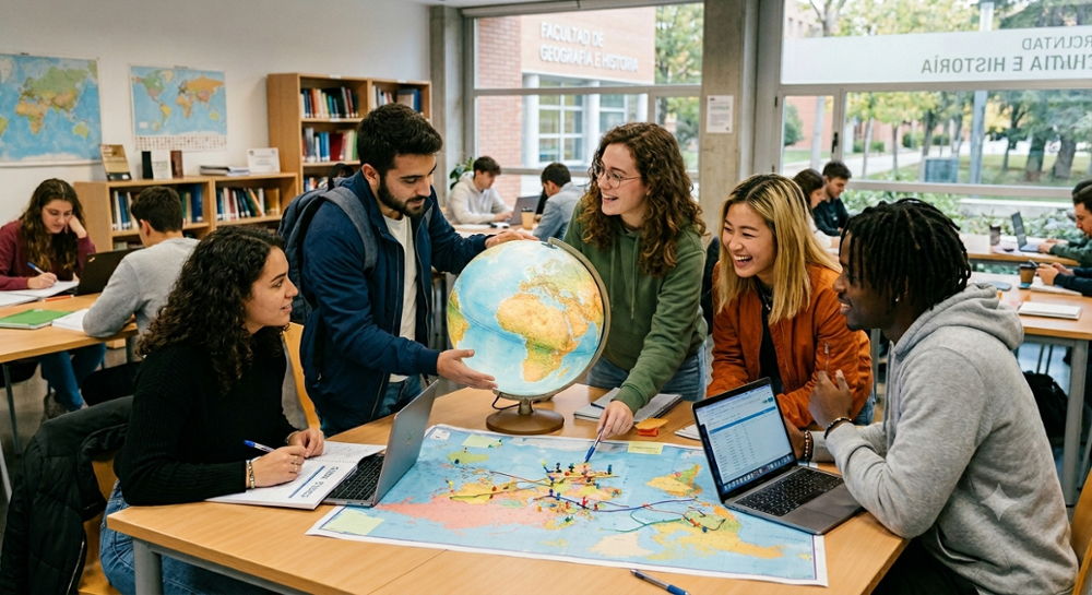 Un grupo de estudiantes jóvenes están en torno a una mesa donde hay un mapa del mundo, y una bola del mundo porque están eligiendo a qué país ir a estudiar. 