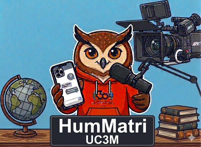 Buho con micrófono, libros, una bola del mundo, cámara cinematográfica y lleva un móvil