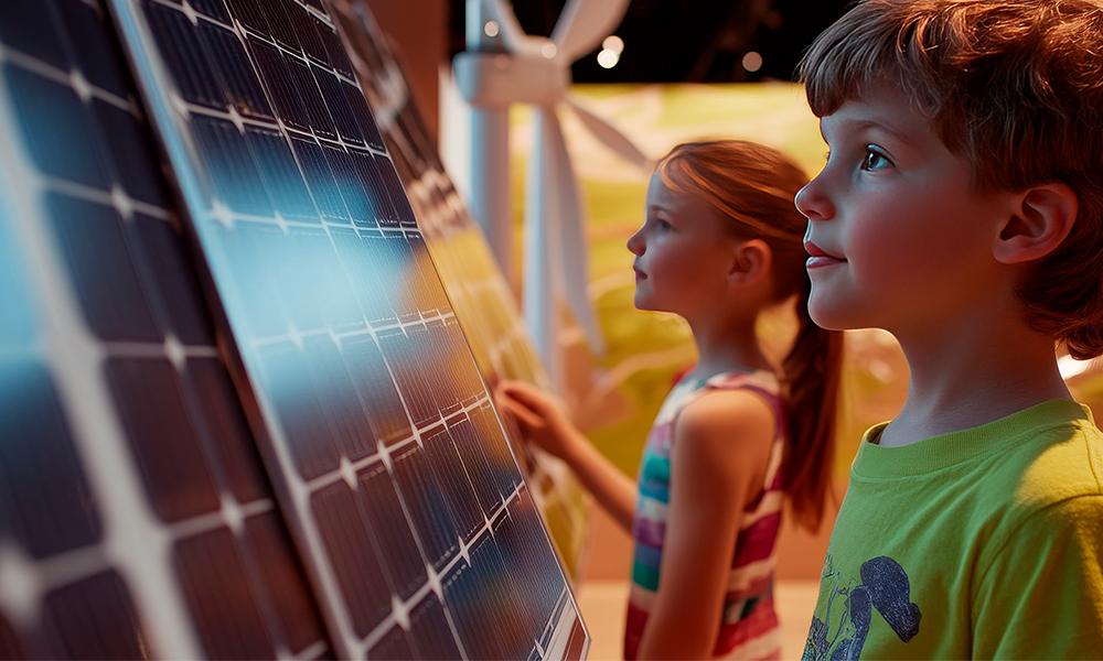 Niños viendo células fotovoltaicas.