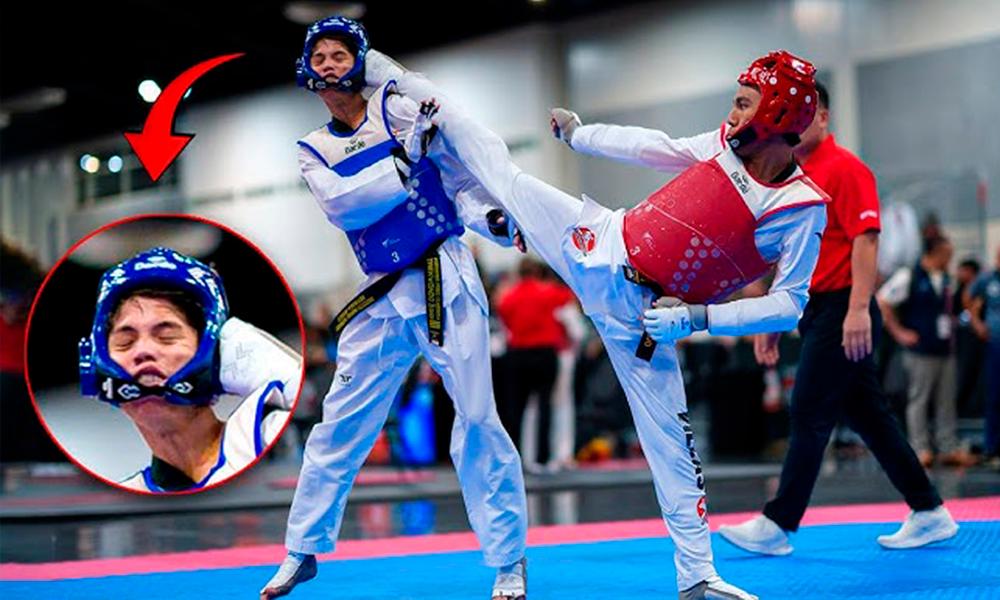 Dos deportistas de artes marciales están peleando con protecciones corporales
