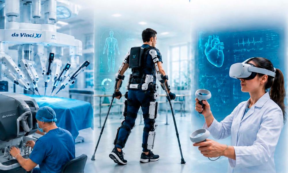 Tríptico de médicos y cirujanos experimentando con extensiones robóticas y realidad virtual aplicada a la salud.