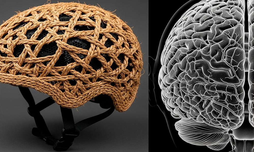 Doble imagen donde vemos a la izquierda un casco de mimbre y ala derecha un mapeado del cerebro