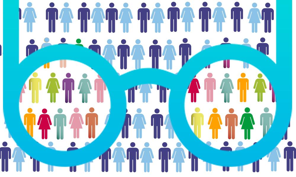 unas gafas donde se ven los iconos de hombre y mujer de colores. fuera de las gafas se ven de un color