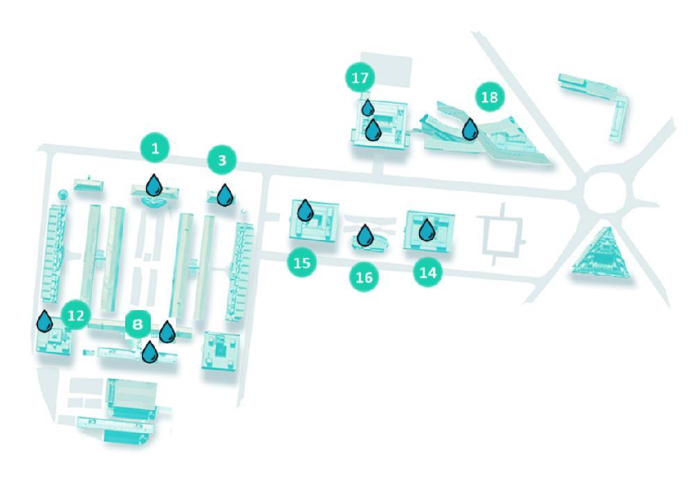 Plano del Campus de Getafe con la localización de las fuentes de agua corriente